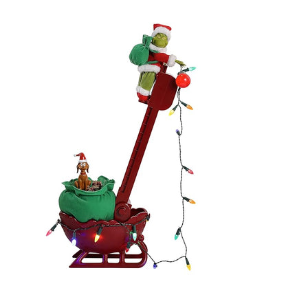 Grinch Animated Utility Sleigh with Ladder, LED Lights & Max the Dog – 34.5" Holiday Decoration