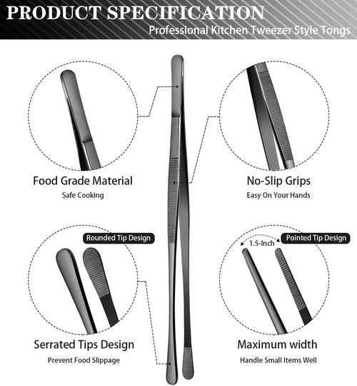 JETKONG 12-Inch Stainless Steel Kitchen Tweezers - Precision Serrated Tips for BBQ & Plating