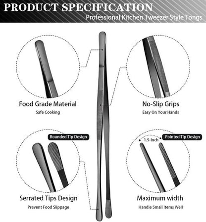 JETKONG 12-Inch Stainless Steel Kitchen Tweezers - Precision Serrated Tips for BBQ & Plating