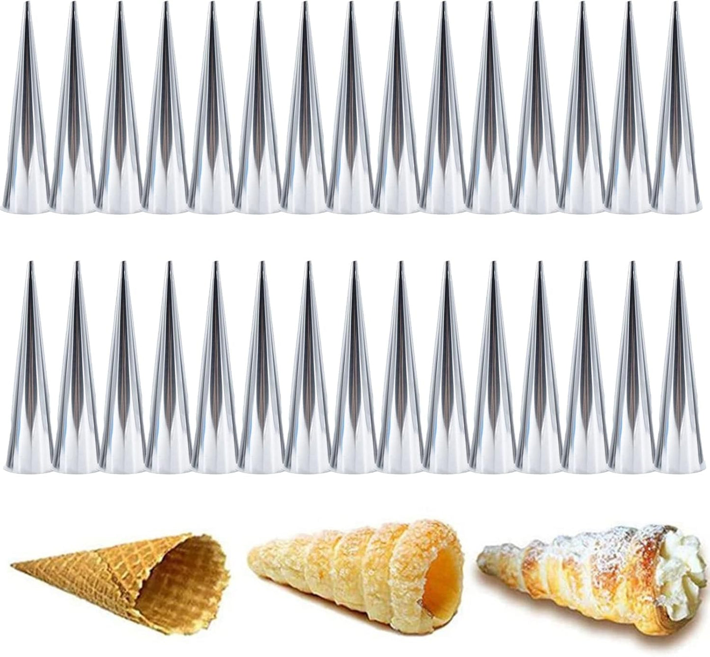 Skiennix 30 PCS Non-Stick Stainless Steel Cream Horn Molds - Large 5" Size for DIY Pastries & Desserts