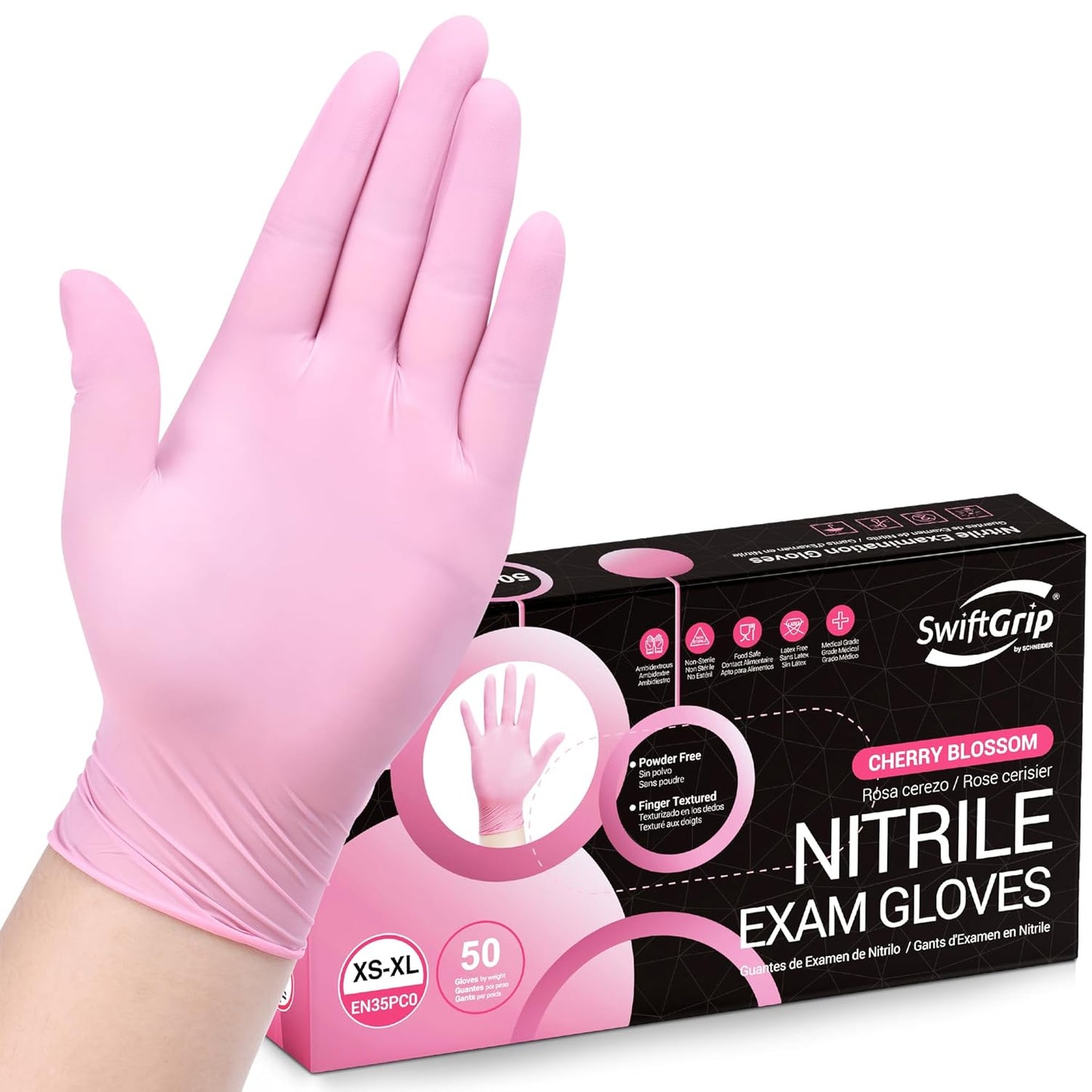 SwiftGrip Disposable Exam Gloves - Pink, X-Small, Powder-Free, Latex-Free, 50-Count Box for Medical Use