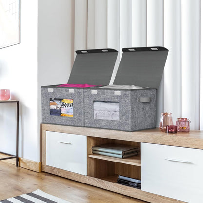 Univivi Foldable Storage Boxes - Large Collapsible Bins with Lids | 4-Pack Grey Organizers (17" x 12" x 12")