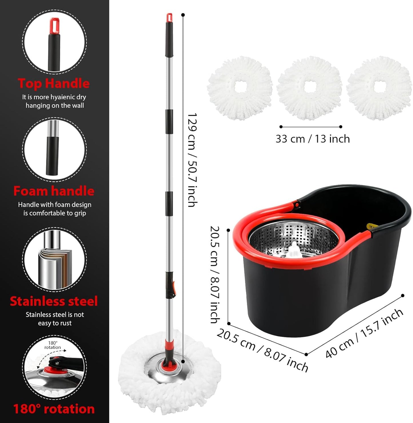 Skiennix Spin Mop and Bucket Set - 360° Cleaning System with 3 Microfiber Refills & 50" Handle | Black