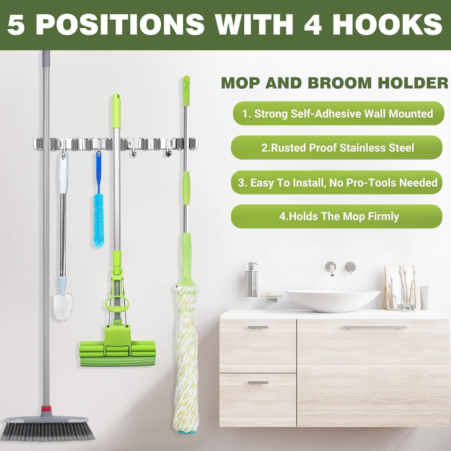 UNIFUN Broom Holder Wall Mount - Heavy Duty Stainless Steel Organizer with 5 Racks & 4 Hooks | Grey