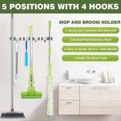 UNIFUN Broom Holder Wall Mount - Heavy Duty Stainless Steel Organizer with 5 Racks & 4 Hooks | Grey