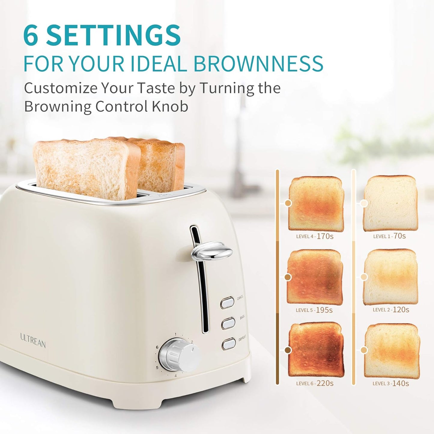 Ultrean 2-Slice Toaster - Extra-Wide Slot for Bagels & Waffles | Stainless Steel with 6 Browning Settings