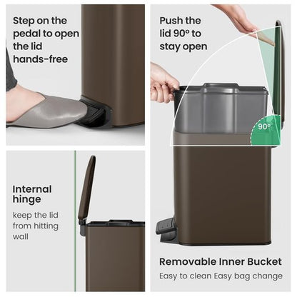 Cesun Small Bathroom Trash Can - Soft Close Lid & Step Pedal, 6L Stainless Steel | Anti-Fingerprint Finish (Brown)