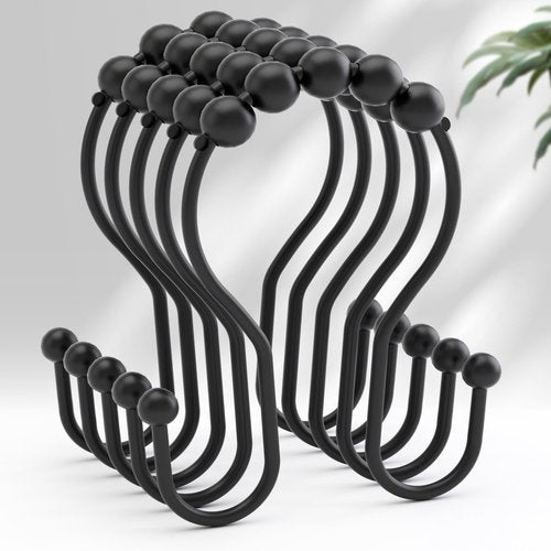 AmazerBath Shower Curtain Hooks Black Shower Curtain Rings, Metal Shower Curtain Hooks Rust Proof, Smooth Glide Double Shower Hooks Rings for Shower Curtain, Shower Rod Hooks 12Pcs
