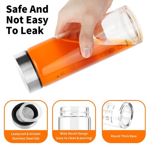 Glass Juice Bottles 4 Pack 16 oz - Wide Mouth Glass Water Bottles with Lids - for Juicing, Protein, Smoothie, Milk, Reusable, BPA Free, Stainless Steel Lids, Blender, Shaker Bottle (16oz/500ml)