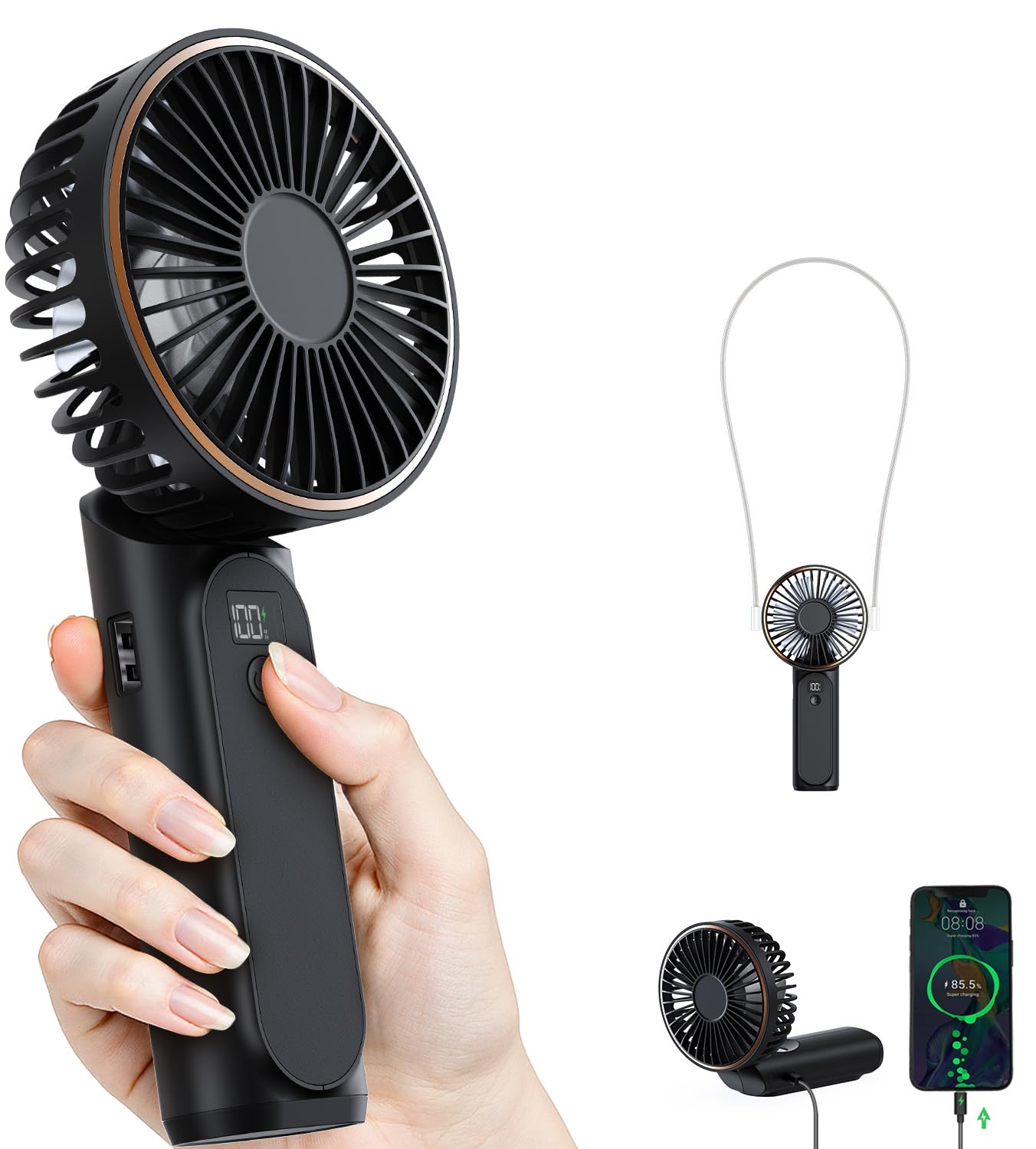 TUNISE Portable Handheld Fan, Portable Fan Rechargeable, 4000mAh, 180° Adjustable, 6 Speed Wind, Display Electricity in Real Time, USB Rechargeable Foldable F an, Quiet Personal Fan as Power Bank