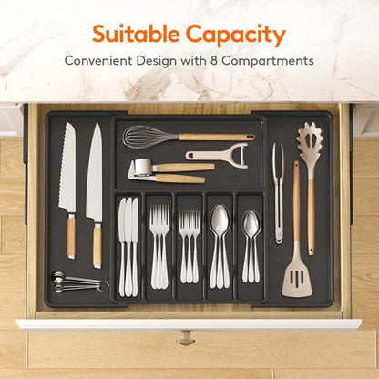Lifewit Silverware Drawer Organizer, Expandable Utensil Tray for Kitchen, BPA Free Flatware and Cutlery Holder, Adjustable Plastic Storage for Spoons Forks Knives, 15- 27 x 18.5", Black