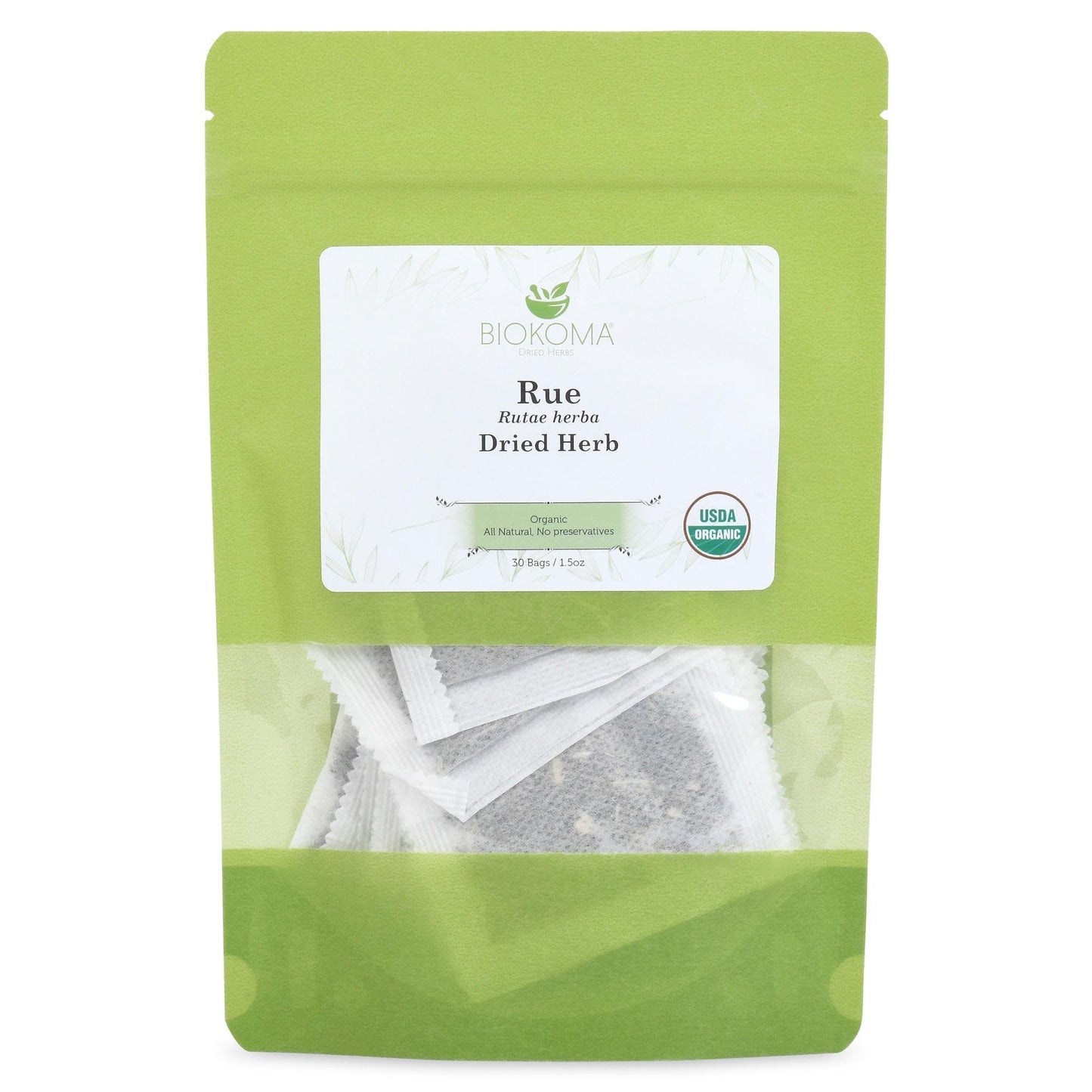 Biokoma Pure and Organic Rue Dried Herb 1.5oz 30 Tea Bags in Resealable Moisture Proof Pouch, USDA Certified Organic - Herbal Tea, No Additives, No Preservatives, No GMO, Kosher