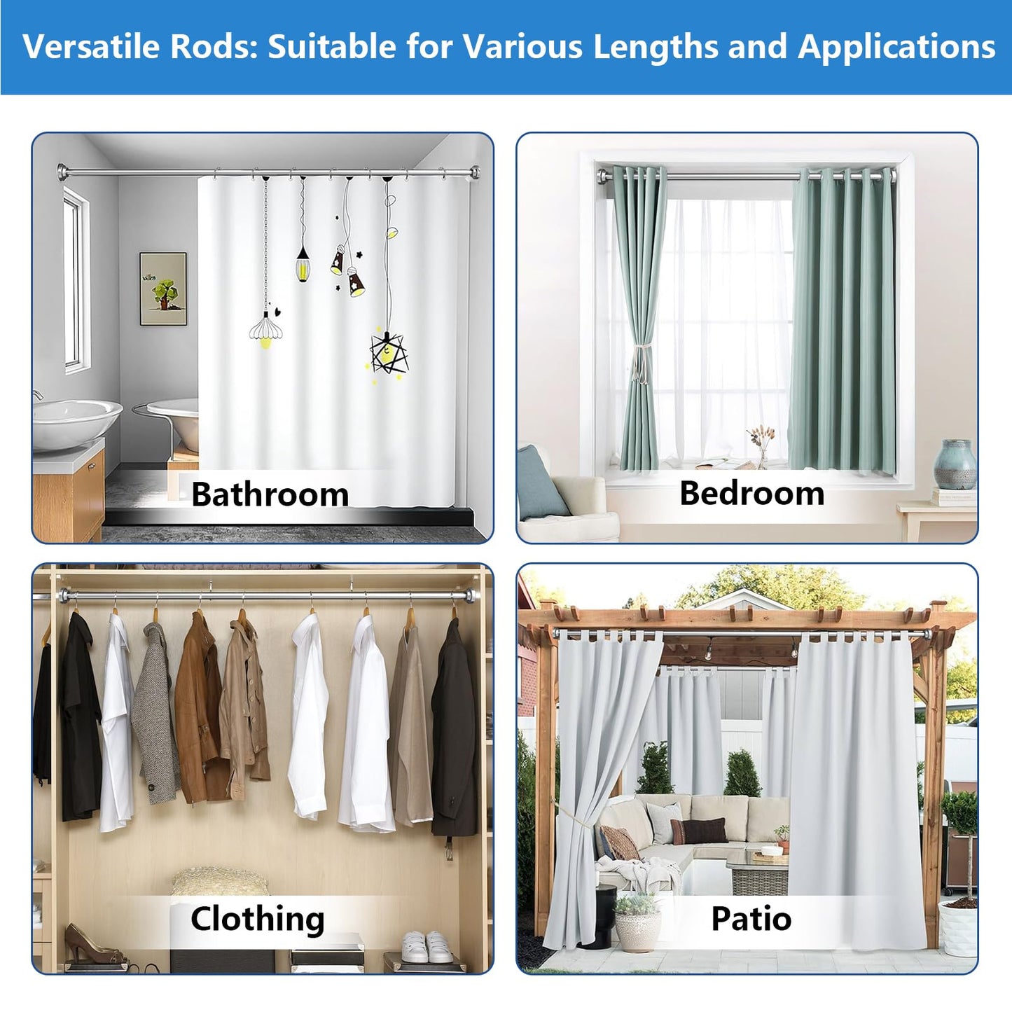 Umimile Shower Curtain Rod, 1 Inch Diameter Adjustable Spring Tension Curtain Rod, 304 Stainless Steel Shower Rod for Bathroom, Windows, Never Rust Non-Slip (Stainless Steel, 50-86”)