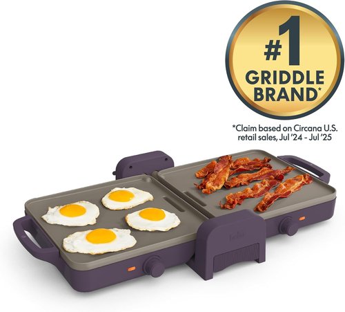 Bella 10" x 20" Ceramic Fold-N-Store Griddle - Dual Temp Up to 400°F | Nonstick, Dishwasher Safe, Plum