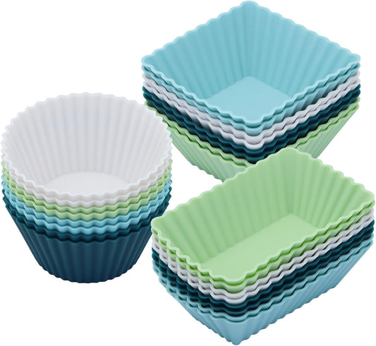 Skiennix Silicone Muffin Cups - 24-Pack Reusable Cupcake Liners in 3 Shapes | Neutral Colors, Regular Size