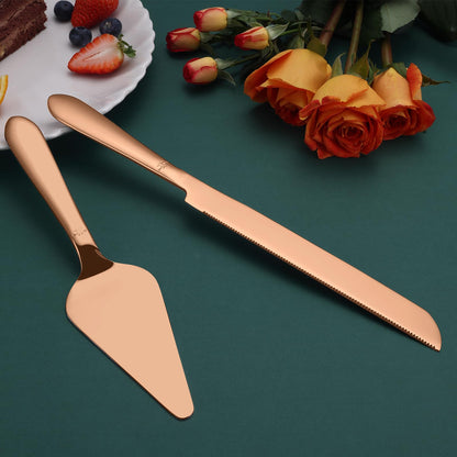 Wedding Cake Knife and Server Set, Integral Stainless Steel Longer Cake Cutter and Wider Pie Spatula, Elegant Cake Cutting Serving Set for Party Birthday Christmas Bridal Shower Set of 2, Rose Gold