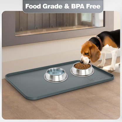 Silicone Dog Food Mat - Waterproof Anti-Slip Feeding Mat with Raised Edge | 24" x 16" Gray