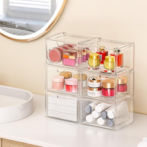Caktraie 6-Pack Small Stackable Storage Drawers - Acrylic Bathroom Makeup Organizer | Versatile Plastic Bins for Home Organization