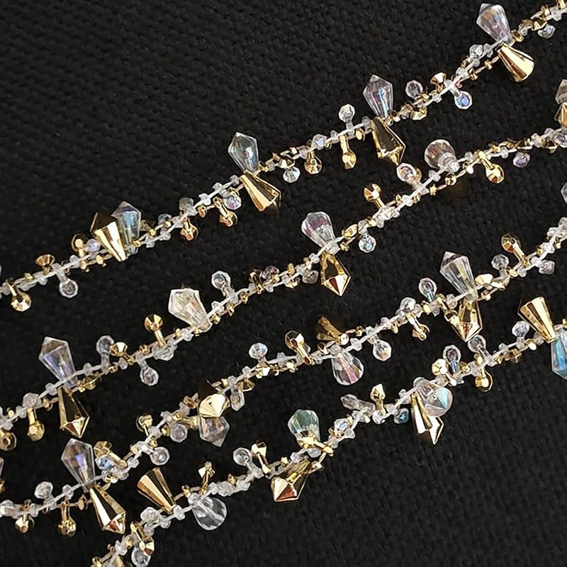 Crystal Bead Garland 16ft - Clear Iridescent & Gold Twist Bead String for Christmas Tree & Weddings