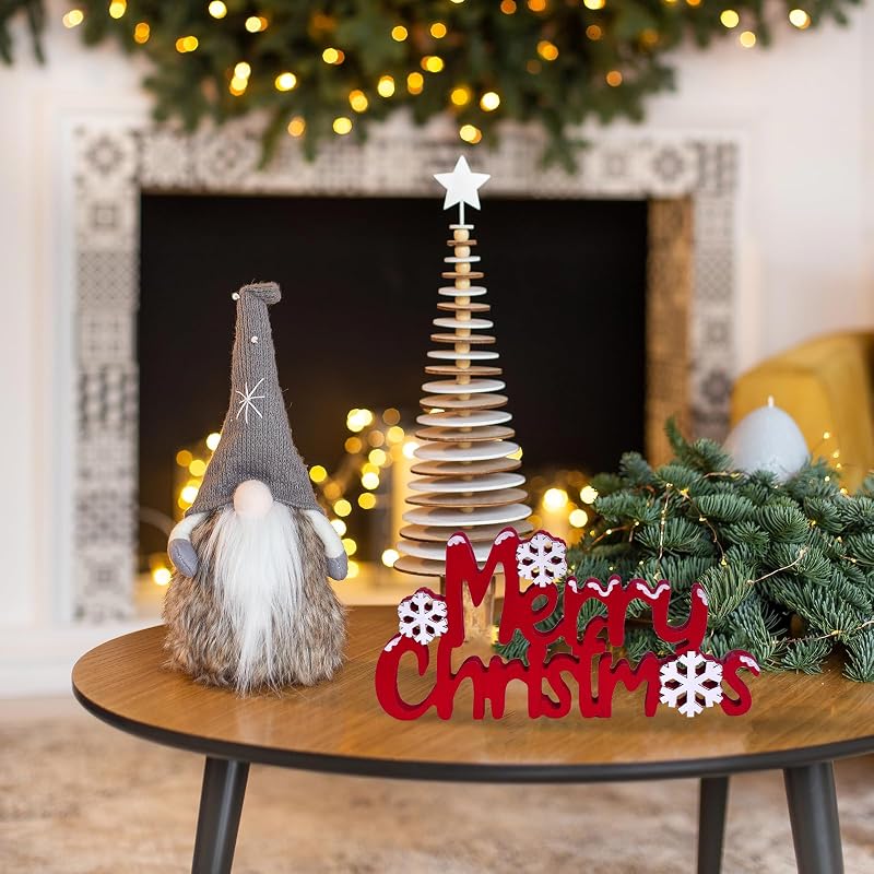 Red Merry Christmas Sign - Freestanding Wooden Tabletop Decor with 3D Snowflakes (Variation: Red)