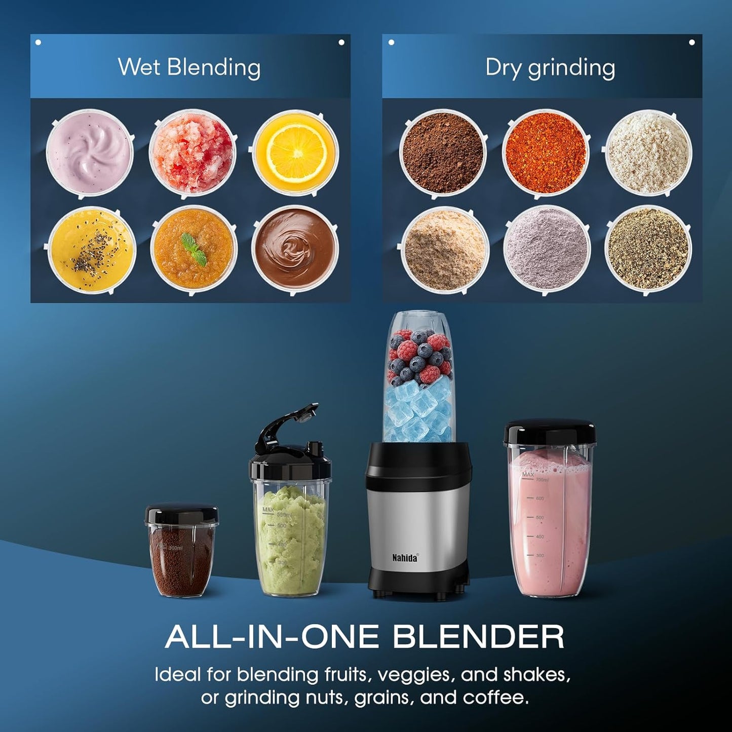Nahida Blender - 1200W Smoothie Blender for Ice Crushing | Includes 23oz, 32oz, 37oz Easy Go Cups - Silver