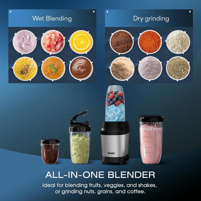 Nahida Blender - 1200W Smoothie Blender for Ice Crushing | Includes 23oz, 32oz, 37oz Easy Go Cups - Silver