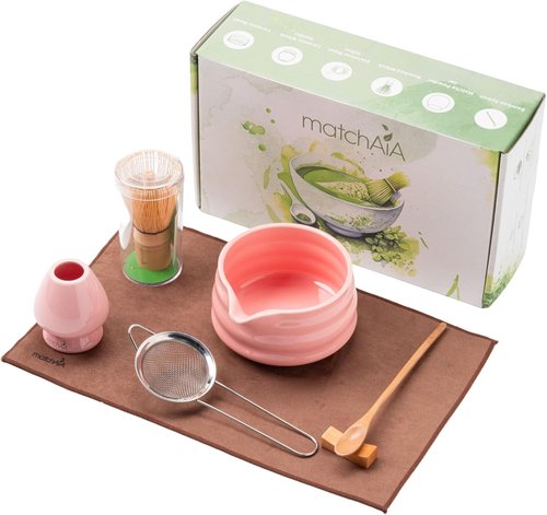 MatchAiA Matcha Whisk Set - Complete 7-Piece Kit with Ceramic Bowl, Bamboo Whisk, and Accessories | Pink