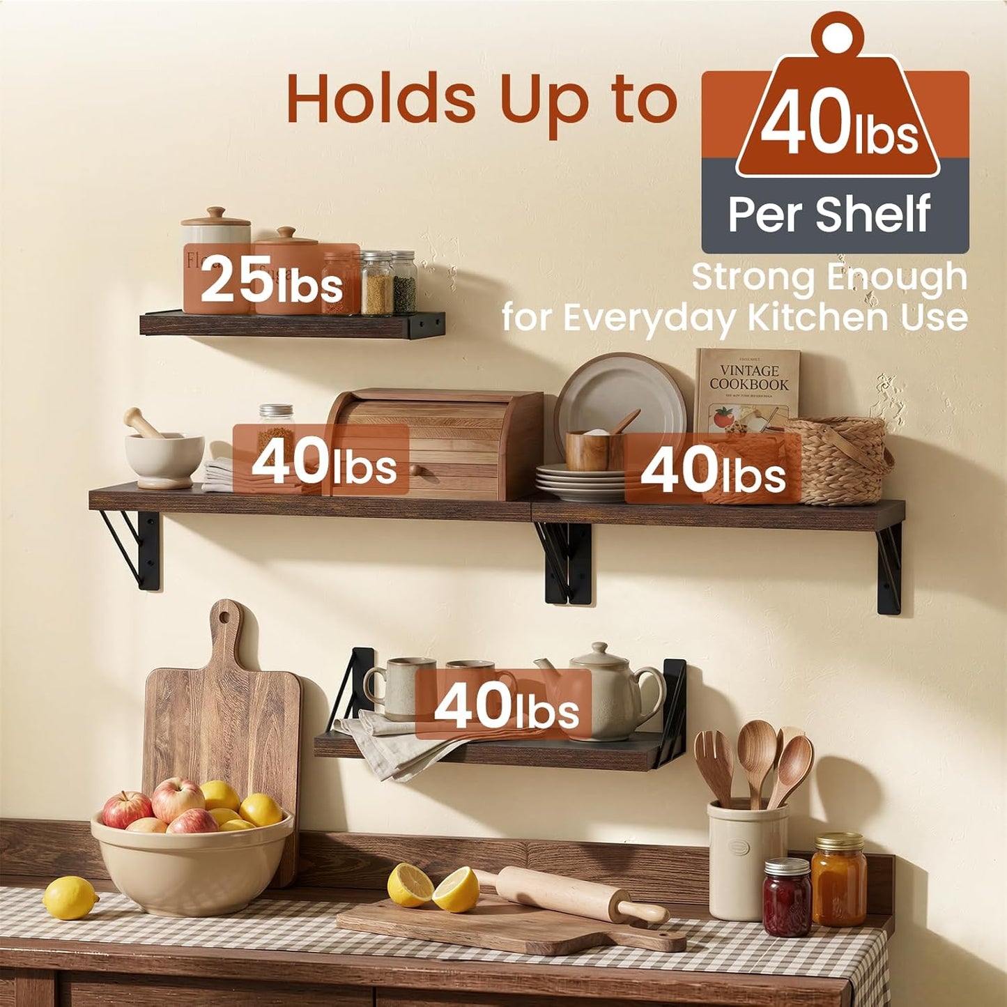 BAYKA Floating Wall Shelves - Rustic Wood Storage for Bathroom, Living Room & Kids' Rooms | Set of 4