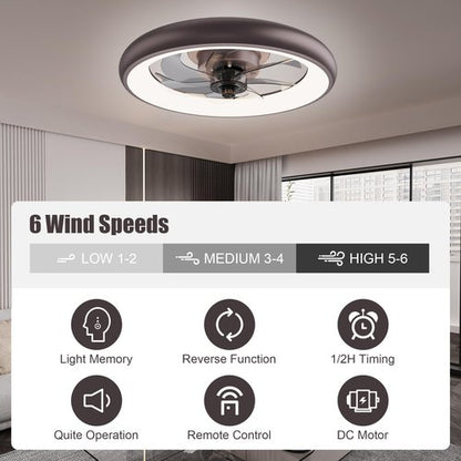 Ceiling Fans with Lights and Remote, Low Profile Ceiling Fan with Lights, 20'' Flush Mount Ceiling Fan, Dimmable LED Ceiling Fan, 6 Speeds, Rustic Smart Ceiling Fan for Bedroom/Living Room/Kitchen
