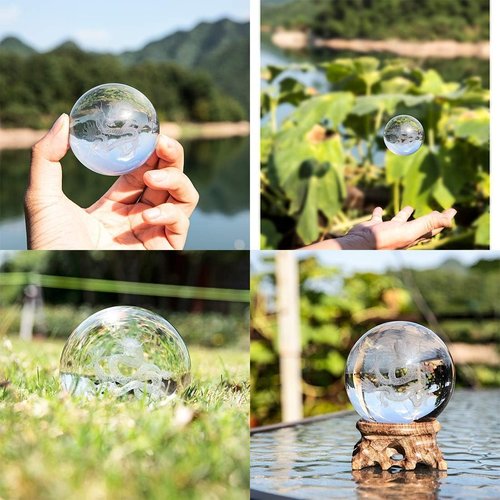 HDCRYSTALGIFTS 3D Inner Carved Dragon Crystal Ball - 60mm Glass Paperweight with Wooden Base for Lucky Birthday Gift