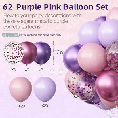 OuMuaMua Pink & Purple Balloons - 62Pcs Latex Balloons for Birthday, Baby Shower & Wedding Decor | 12 Inch