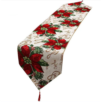 Christmas Table Runner 72x13 Inch with Tassels - Red Flower Classic Linen