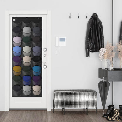 Unjumbly Baseball Hat Rack - 24 Pocket Over-The-Door Organizer with Clear Pockets | Black