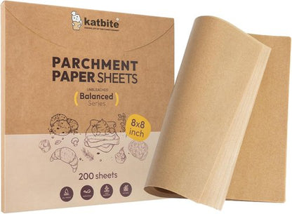 Katbite Parchment Paper - 200 Pcs Unbleached Non-Stick Baking Sheets | 8 x 8 Inch, Oil Resistant & Easy Clean