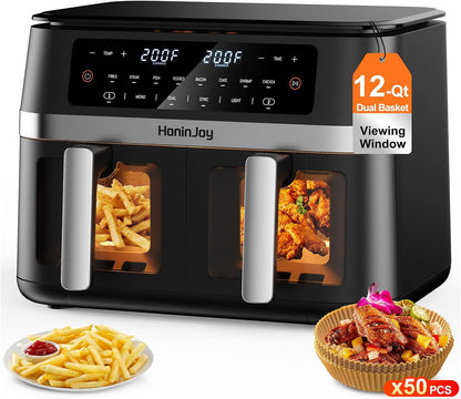 Skiennix 12QT Large Dual Basket Air Fryer - 10-in-1 Digital Touchscreen with Viewing Window & 50 Paper Liners