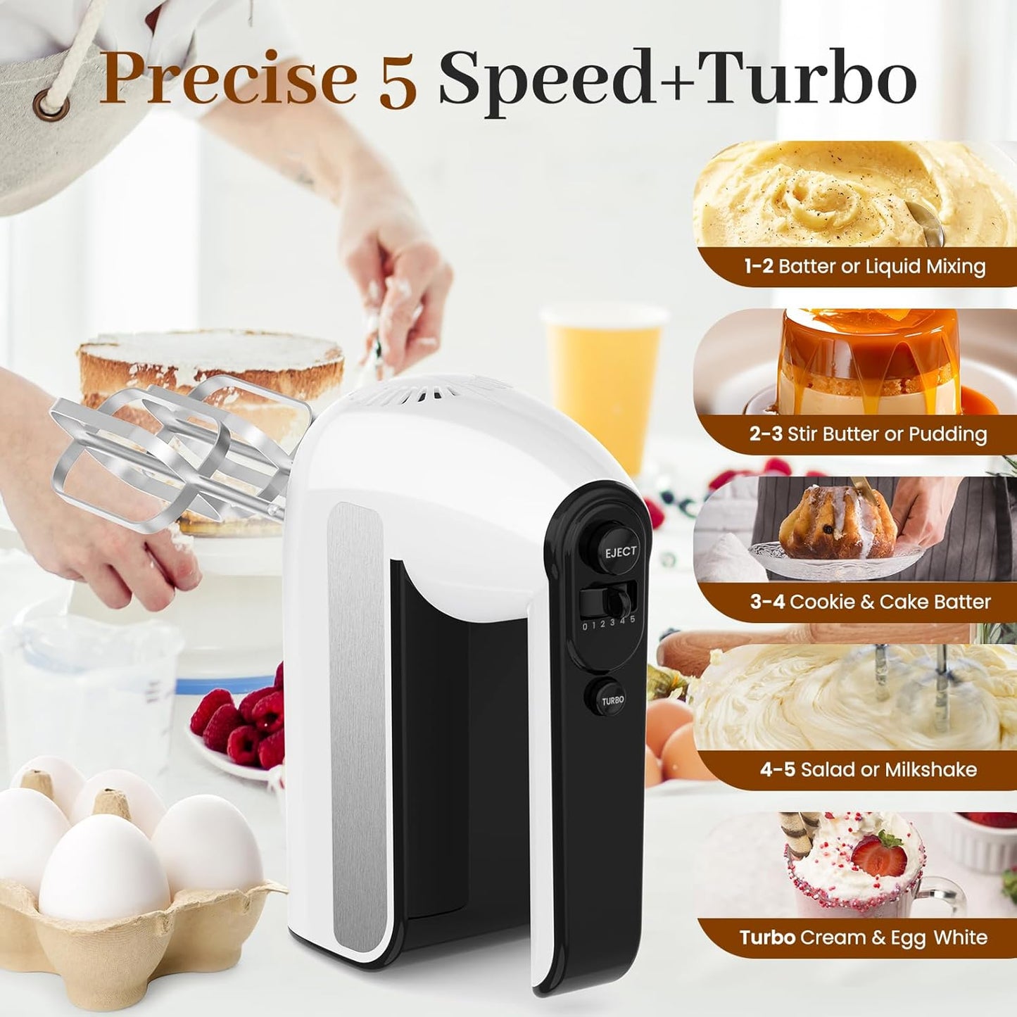 Skiennix 5-Speed Electric Hand Mixer - 800W Handheld Mixer with Turbo & 6 Stainless Steel Attachments | White