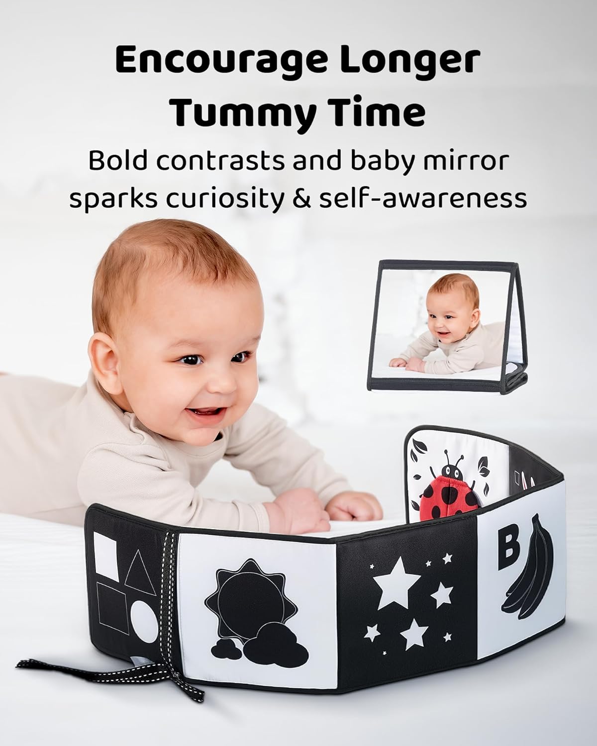 Skiennix Black and White Baby Books - Tummy Time Mirror & Sensory Toys for Infant Brain Development | High Contrast Montessori Toy for 0-6 Months
