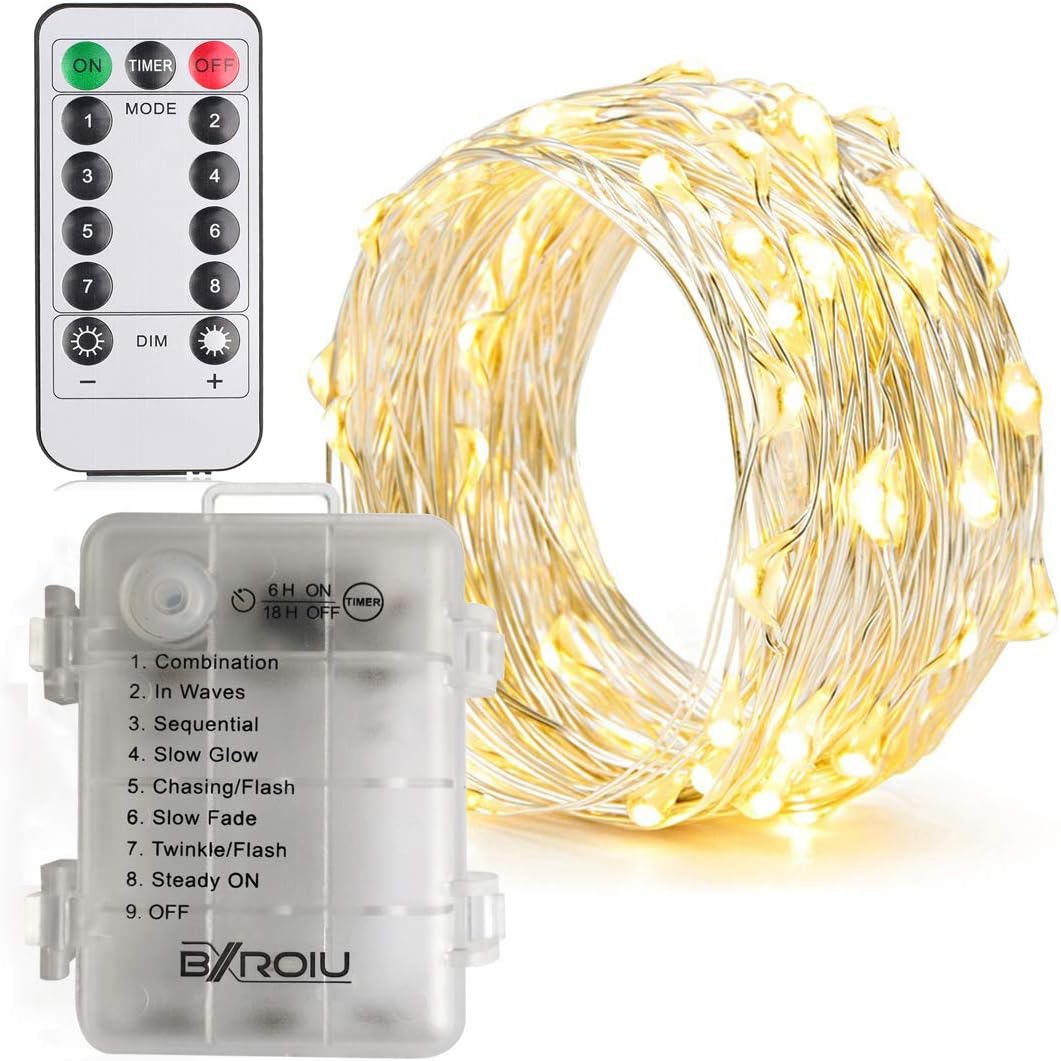 BXROIU Fairy Lights - Battery Operated Silver Wire String Lights with Remote Control | 16Ft, 50 LEDs, 8 Modes