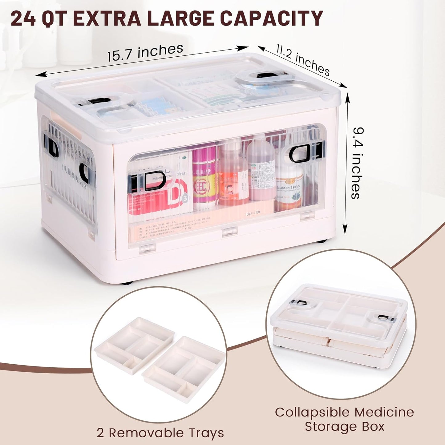 Skiennix 24 QT Medicine Organizer - Extra Large Collapsible Storage Box with Removable Tray & Wheels
