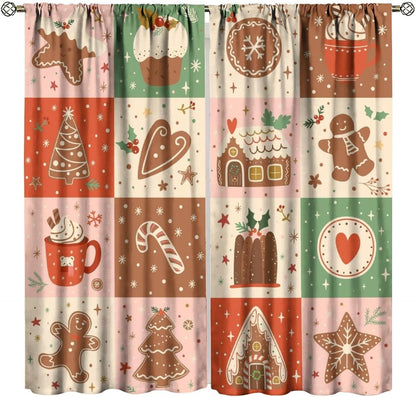 Skiennix Christmas Patchwork Curtains - Hand-Drawn Gingerbread Houses Design | Winter Holiday Drapes (W20xL45 Inch) - Set of 2