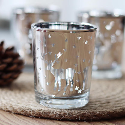 Silver Votive Tealight Candle Holders - 12PCS Christmas Decor with Carved Reindeer for Festive Centerpieces