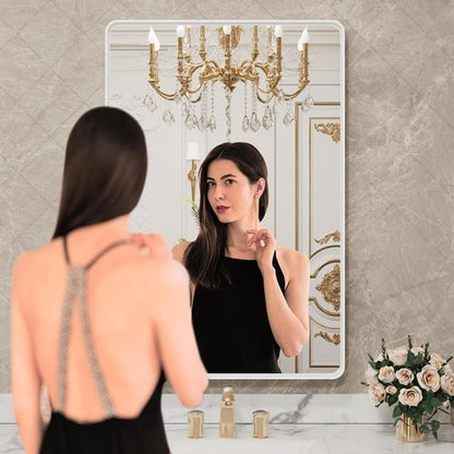 LOAAO White Metal Framed Bathroom Mirror - Large 24x36 Inch Rounded Rectangle | Anti-Rust, Versatile Hanging Options