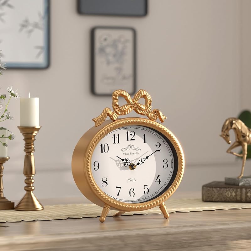 Vintage Table Clock with Bow - Gold Boho French Style, 9.45" H x 8.3" W, 2.16" D (Variation: Gold)
