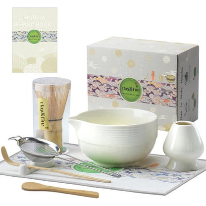 Clay&Fire Matcha Whisk Set, Ceramic Matcha Set, Matcha Bowl with Spout and Whisk,9 pcs Matcha Tea Kit for Matcha Lovers, Ideal Gift Christmas, Birthday（Beige）