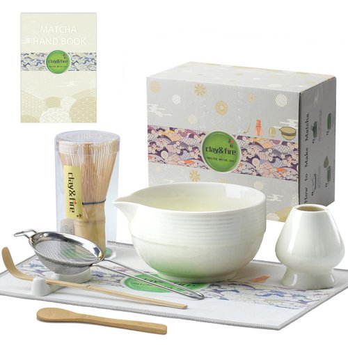 Clay&Fire Matcha Whisk Set, Ceramic Matcha Set, Matcha Bowl with Spout and Whisk,9 pcs Matcha Tea Kit for Matcha Lovers, Ideal Gift Christmas, Birthday（Beige）