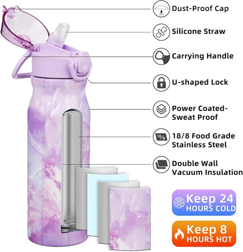 BJPKPK Insulated Water Bottle - 25oz Stainless Steel Flask with Straw, Leak-Proof Lid & Carry Handle | Dawn Color