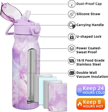 BJPKPK Insulated Water Bottle - 25oz Stainless Steel Flask with Straw, Leak-Proof Lid & Carry Handle | Dawn Color
