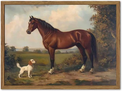Framed Vintage Wall Art - Rustic Horse & Dog Canvas Prints | Neutral Aesthetic Decor 8x10
