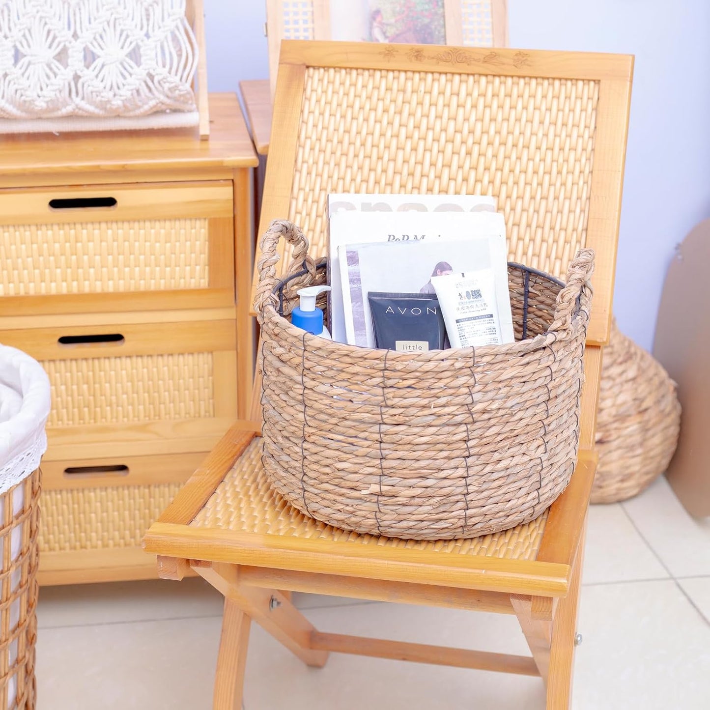Round Wicker Storage Basket - Large Water Hyacinth Bin with Handles | 12'' x 7''