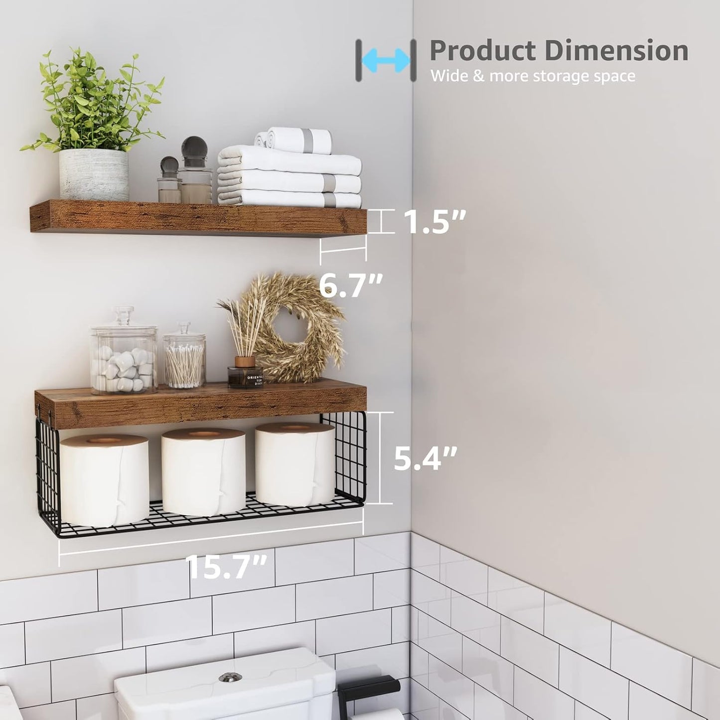 QEEIG Bathroom Shelves Over Toilet - Rustic Brown Wall Mounted Floating Shelves | Set of 2, 16 Inch for Farmhouse Decor